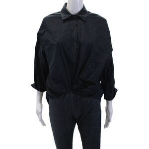 Andrea Sassi Womens Ruched Button Down Shirt Navy Blue Cotton Size Medium